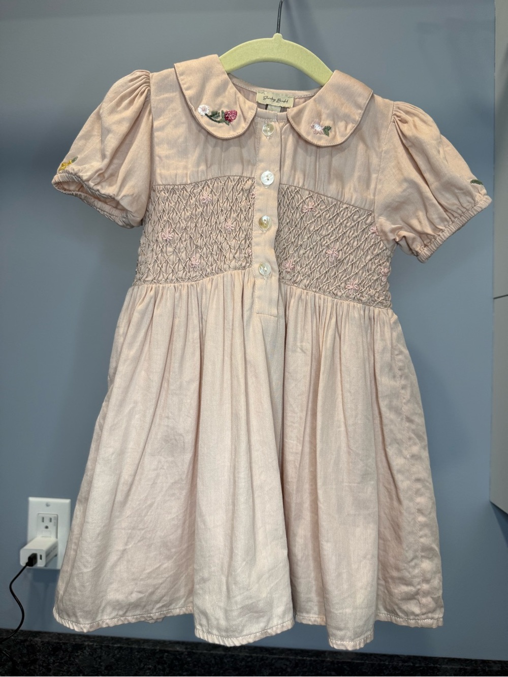 Shirley Bredal Baby Pink Smocked Cotton Kids Dress hand embroidered